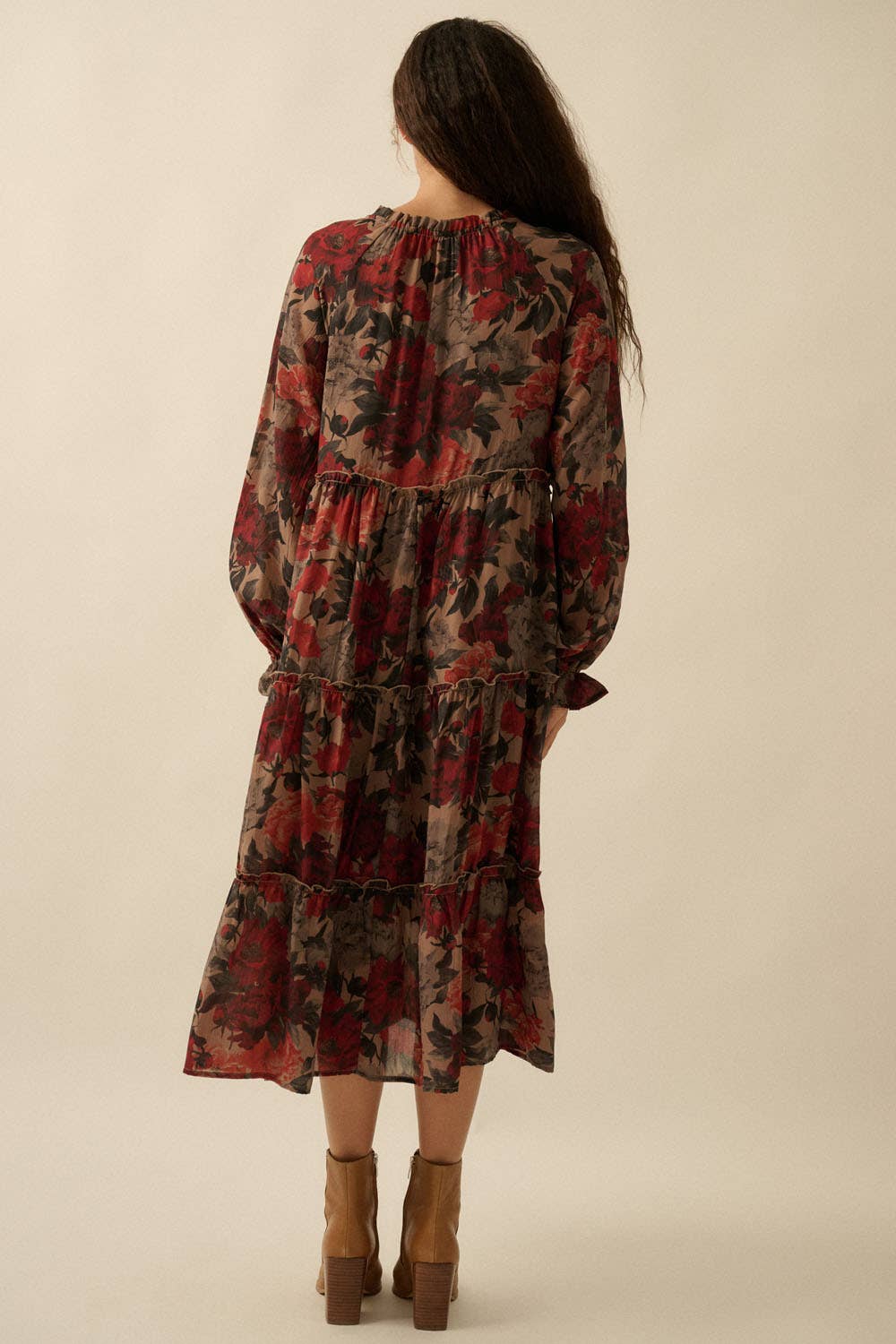 Floral-Print Tiered Ruffle Long-Sleeve Midi Dress FINAL SALE