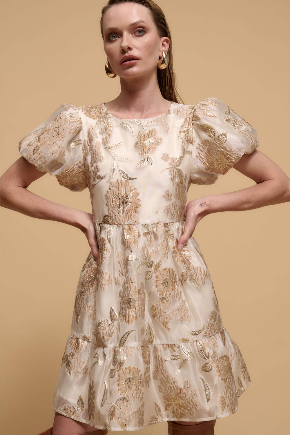 Metallic Floral Gold Chiffon Babydoll Mini Dress