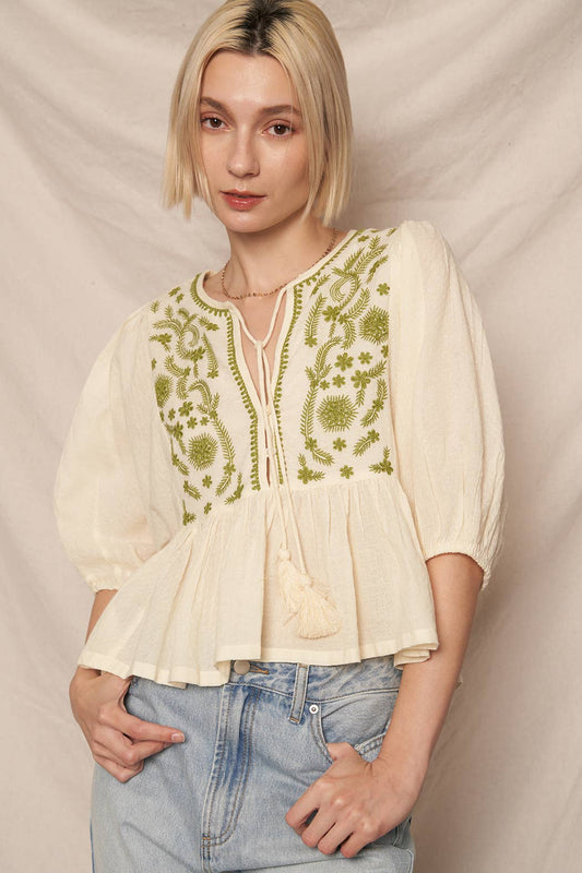 Puff Sleeve Peplum Top with Embroidery Detail: Cream Olive