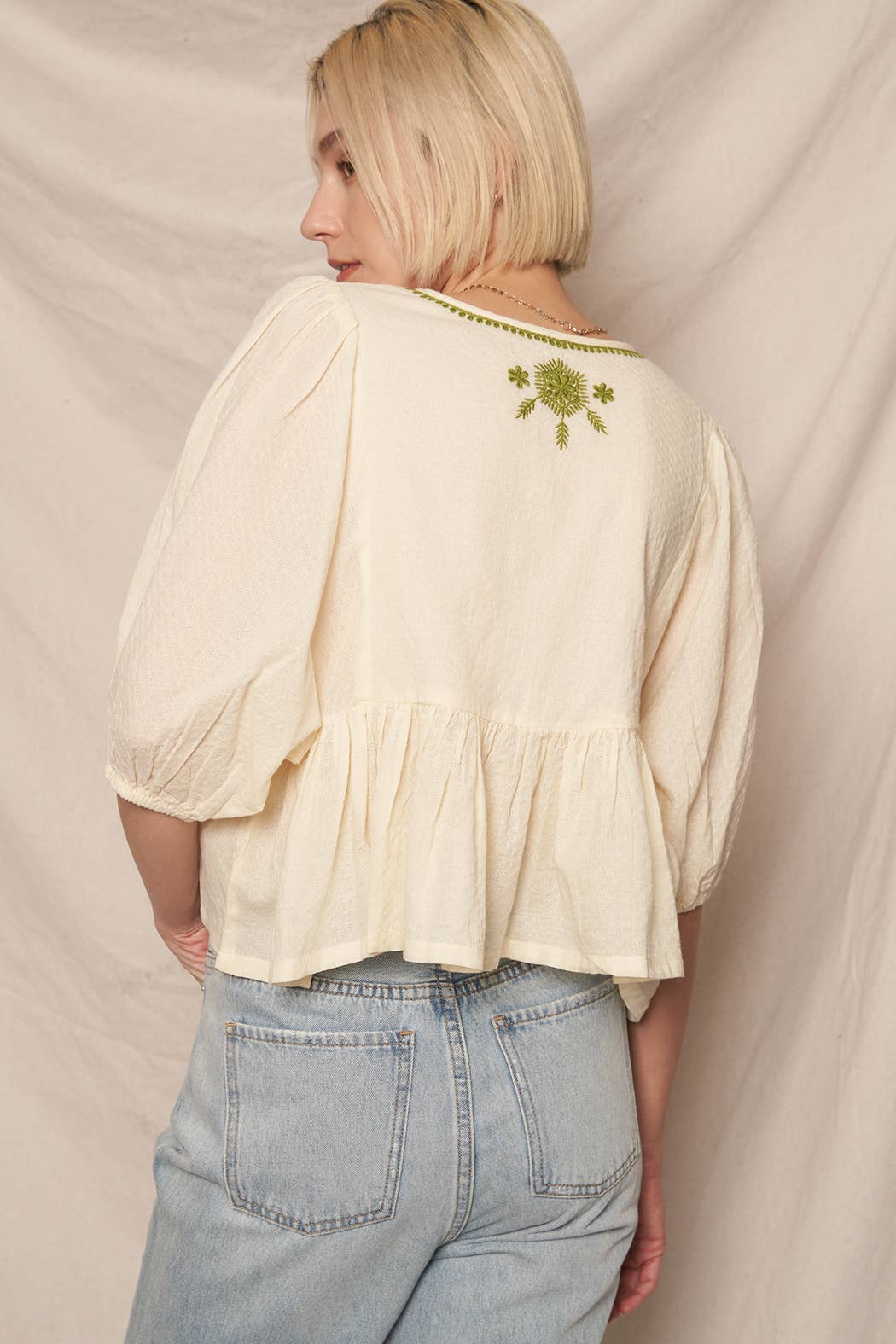 Puff Sleeve Peplum Top with Embroidery Detail: Cream Olive