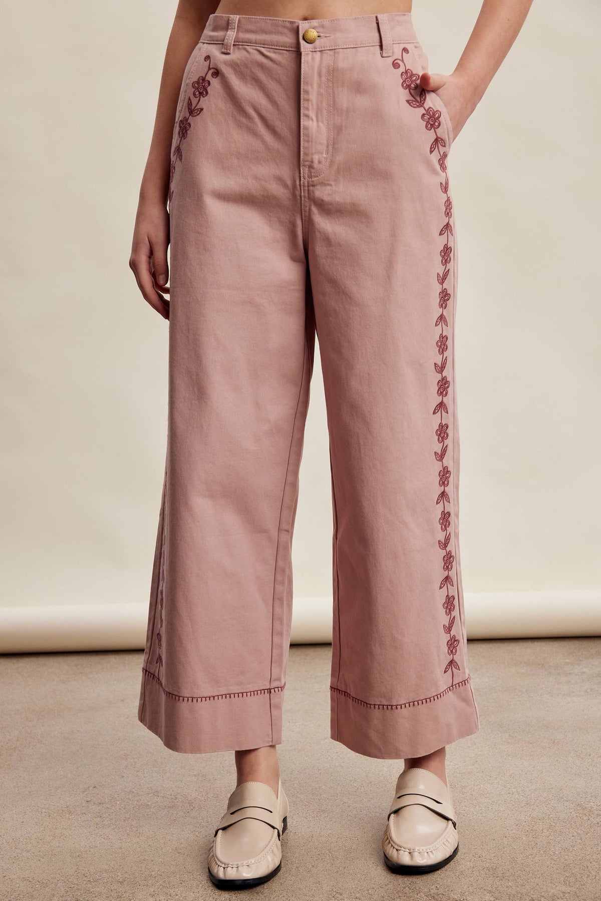 Floral Embroidered Cropped Wide-Leg Pants