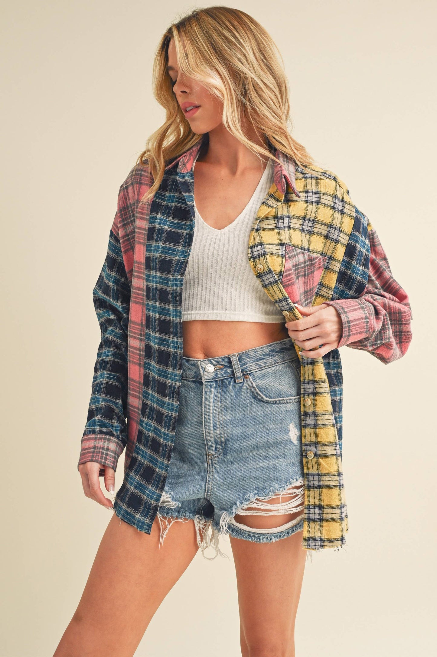 Multi Color Plaid Oversized Flannel Shirt