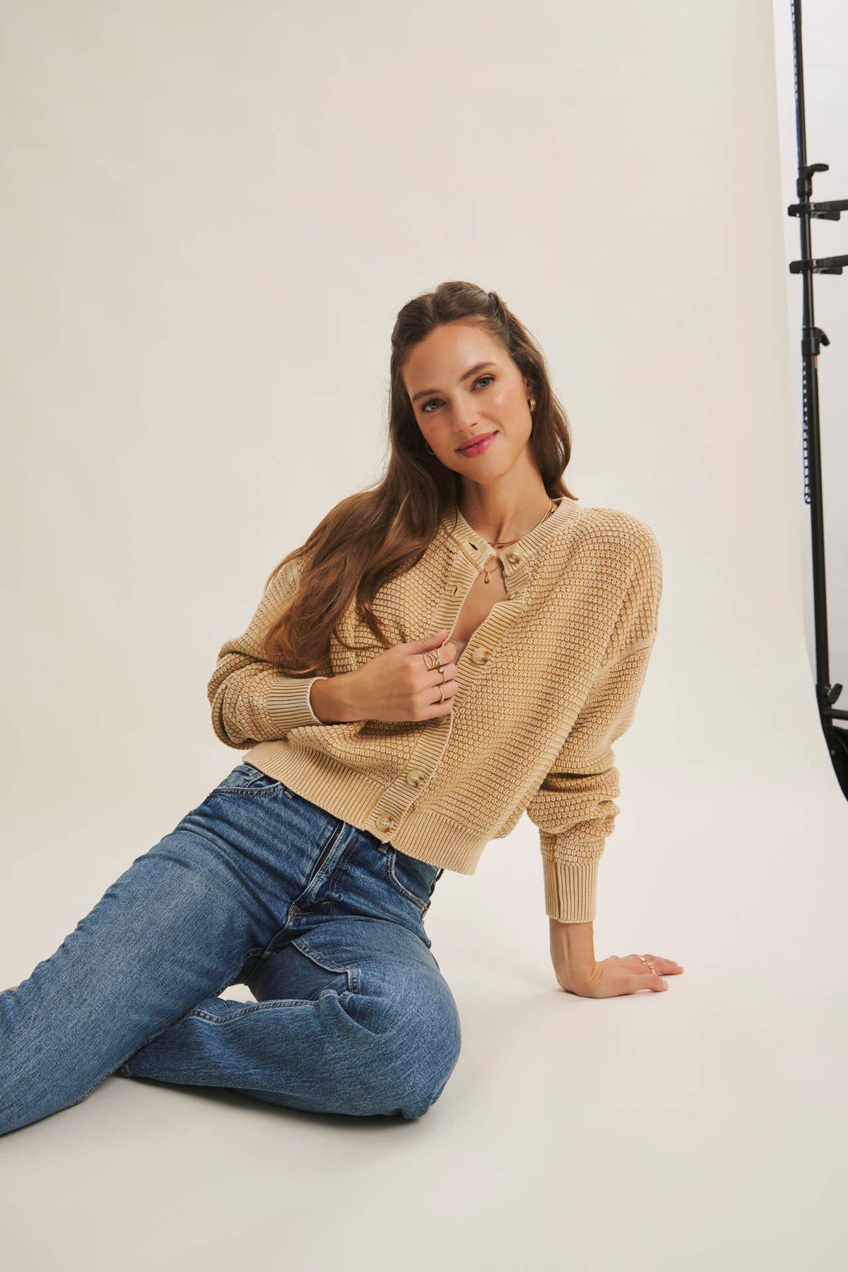 MINERAL-WASHED CABLE KNIT COTTON CARDIGAN