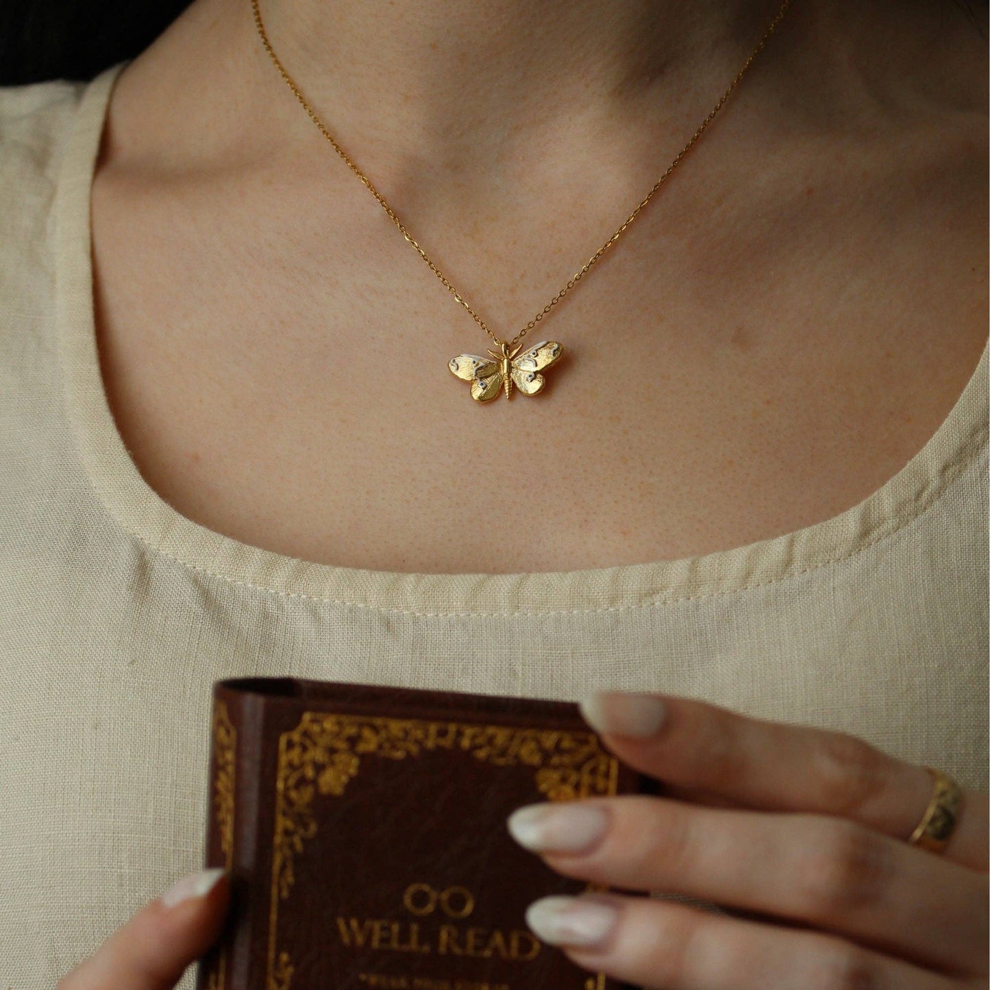 Moths and Butterflies Gold Bookish Pendant Necklace