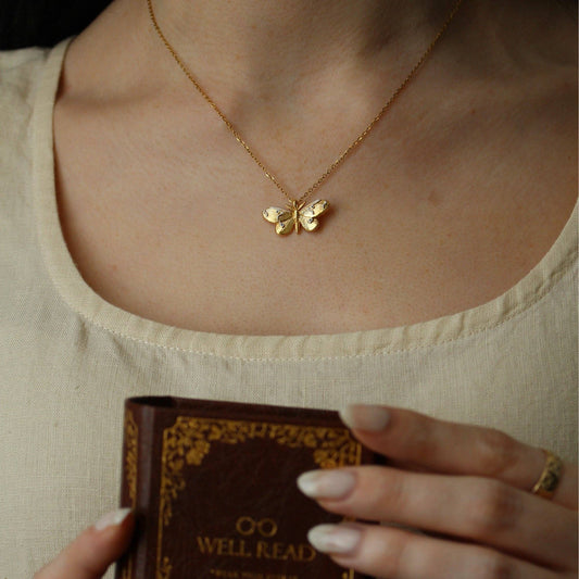 Moths and Butterflies Gold Bookish Pendant Necklace