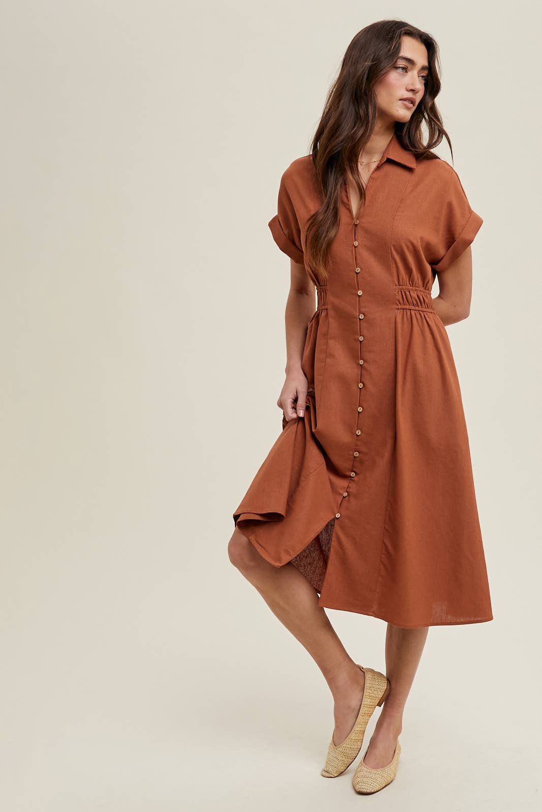COLLARED BUTTON-UP MIDI DRESS