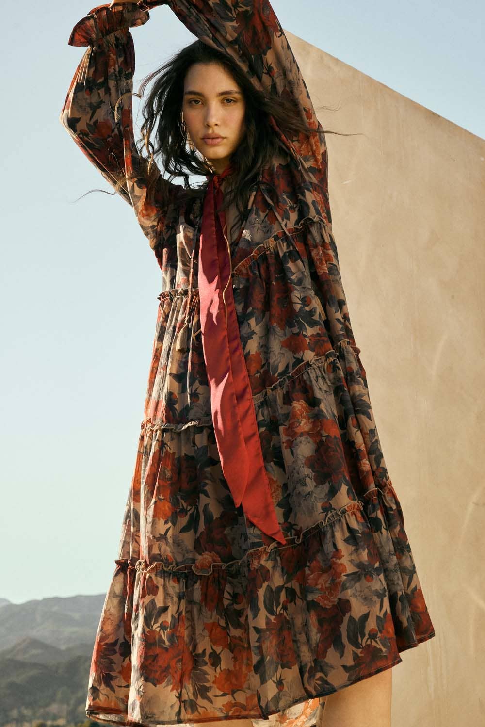 Floral-Print Tiered Ruffle Long-Sleeve Midi Dress FINAL SALE
