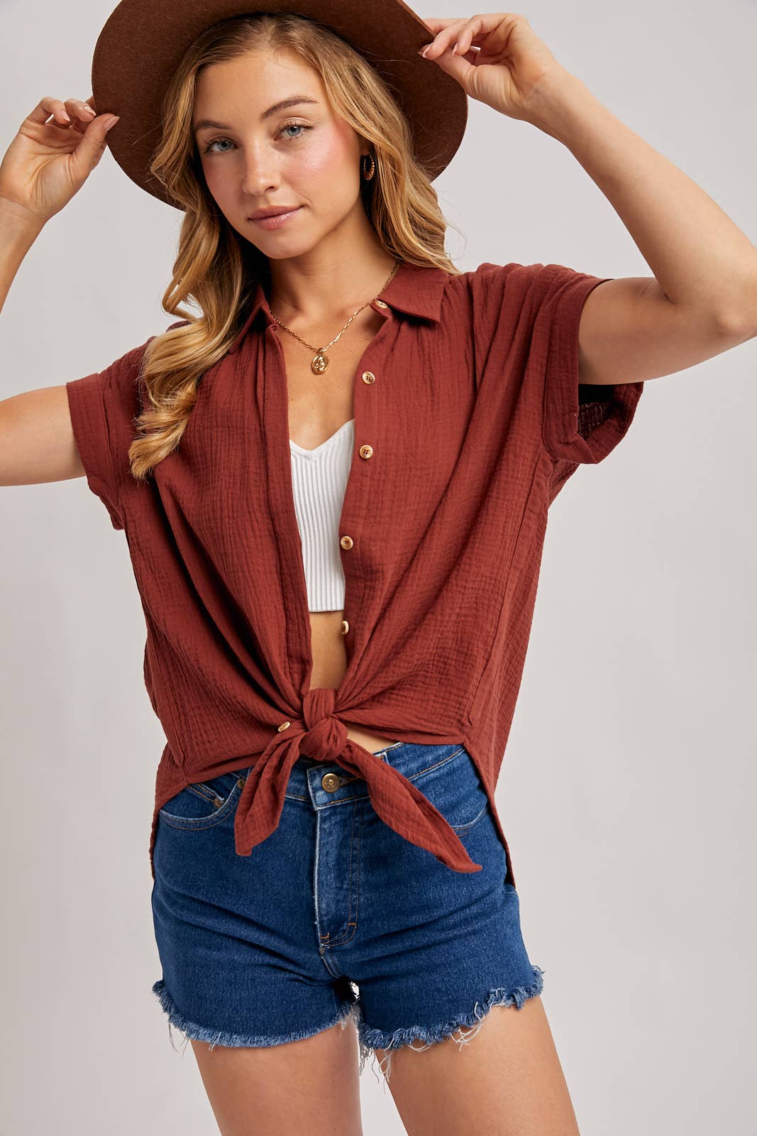 Our Best-Selling Essential Button Up Cotton Shirt Now in Brick