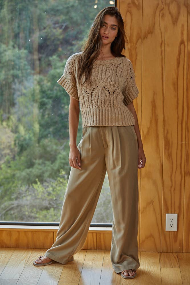 Knit Sweater Crochet Round Neck Short Sleeve Top: Olive