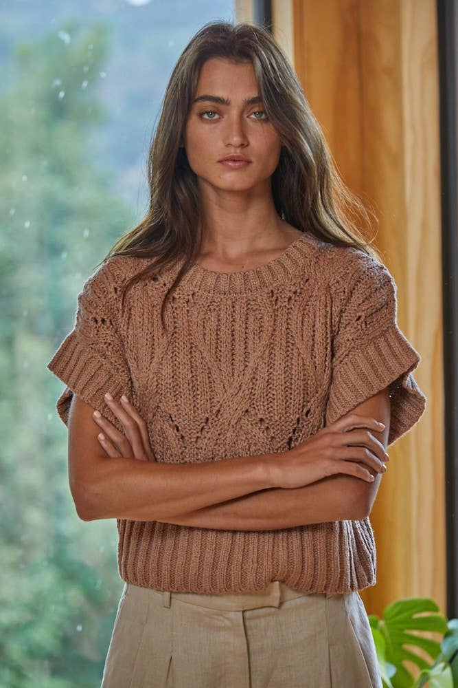Knit Sweater Crochet Round Neck Short Sleeve Top: Olive