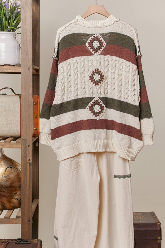 ColorBlock V Neck Knit Cardigan with Patch Detail