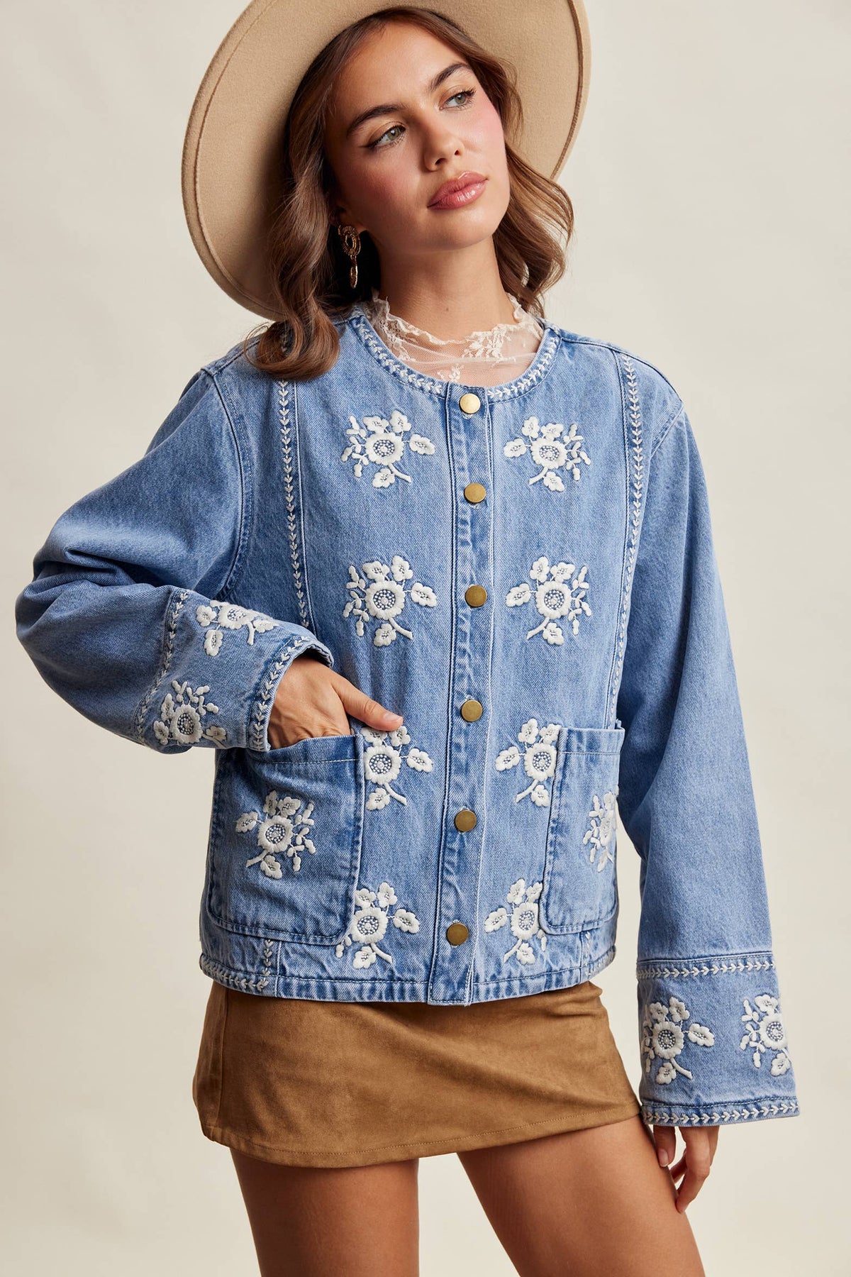 Embroidered Floral Lined Denim