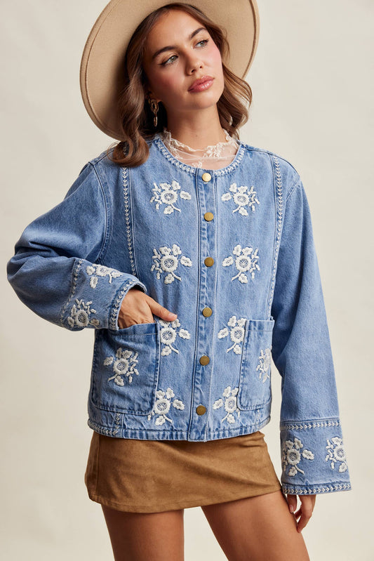 Embroidered Floral Lined Denim