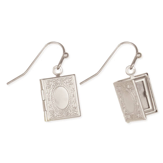 Treasured Keepsake Silver Book Floral Locket Earrings