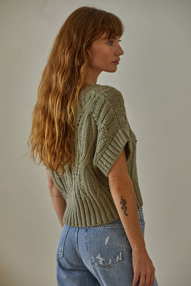 Knit Sweater Crochet Round Neck Short Sleeve Top: Olive