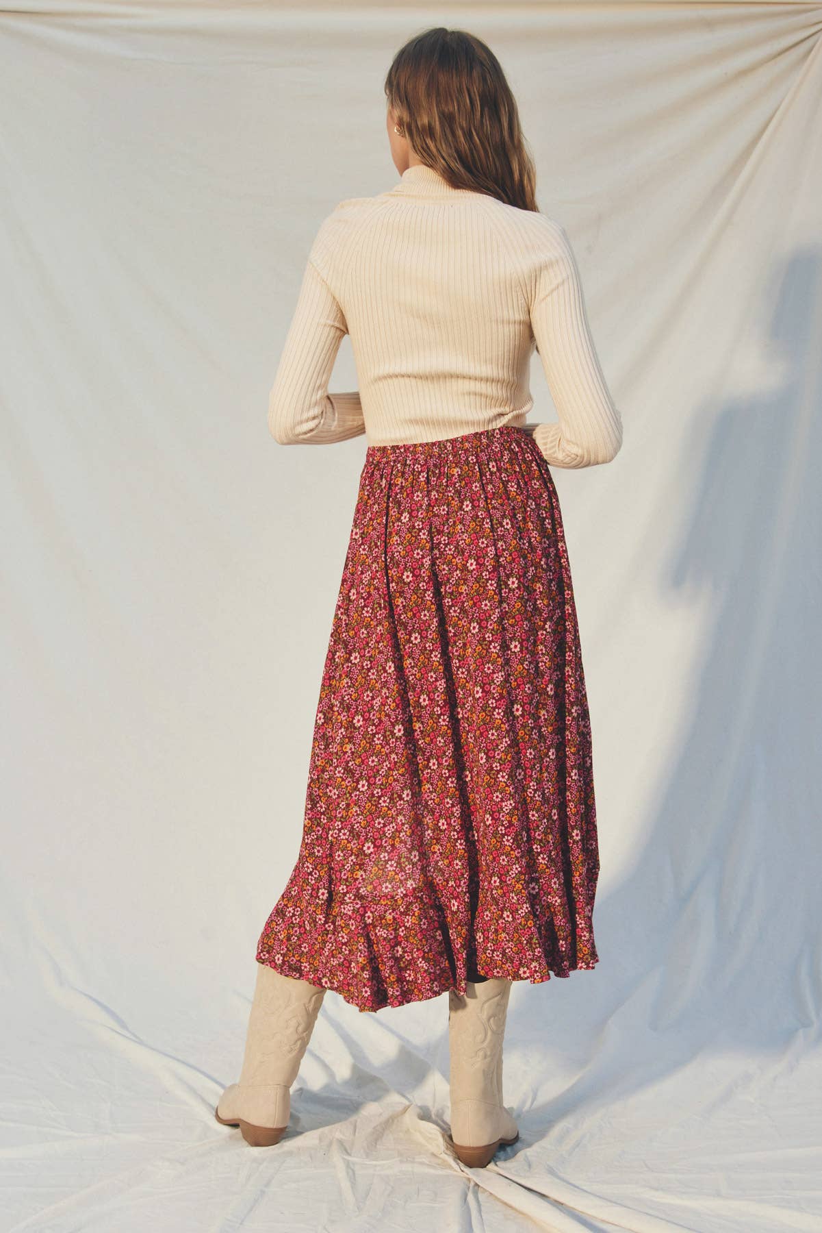 Floral High Low Ruffled Hem Skirt