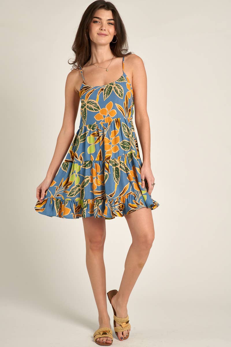 Spaghetti Strap Babydoll Mini Dress: Blue Tropical