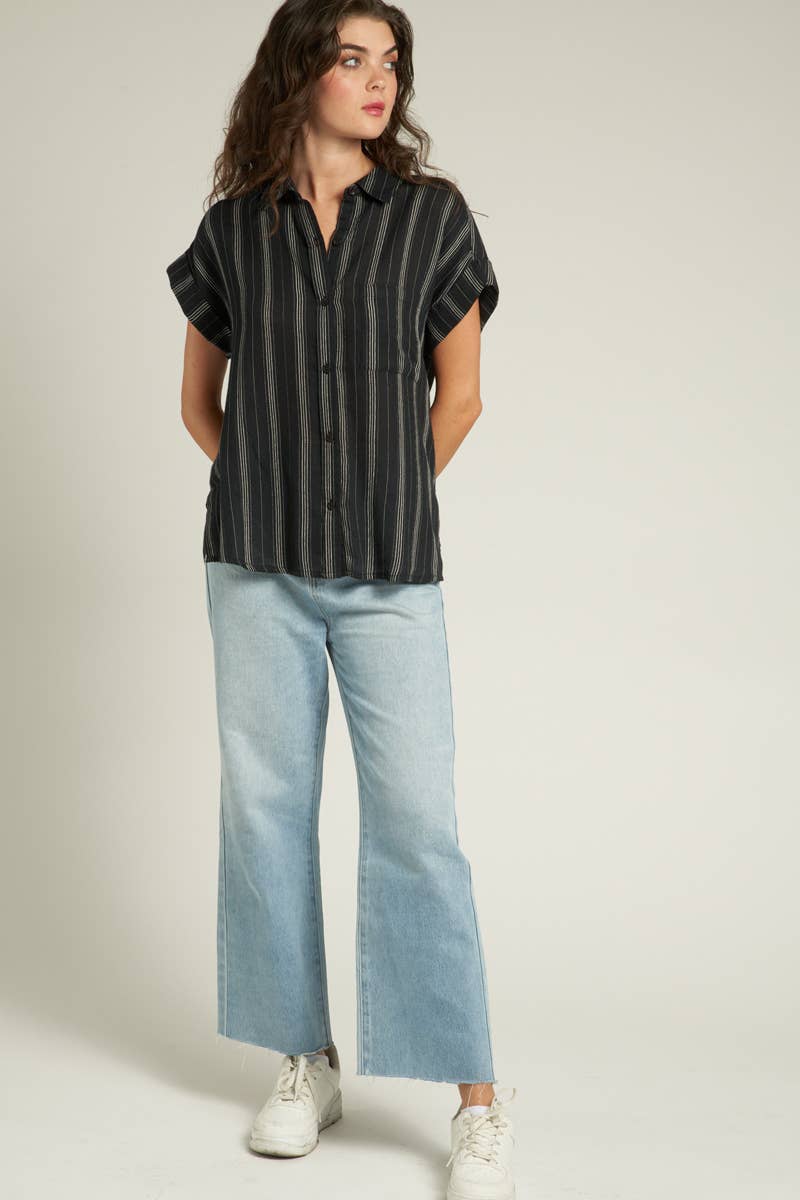 Black Striped Short Sleeve Button Down Top