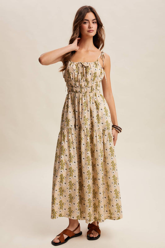 Floral Tie-Strap Smocked Maxi Dress