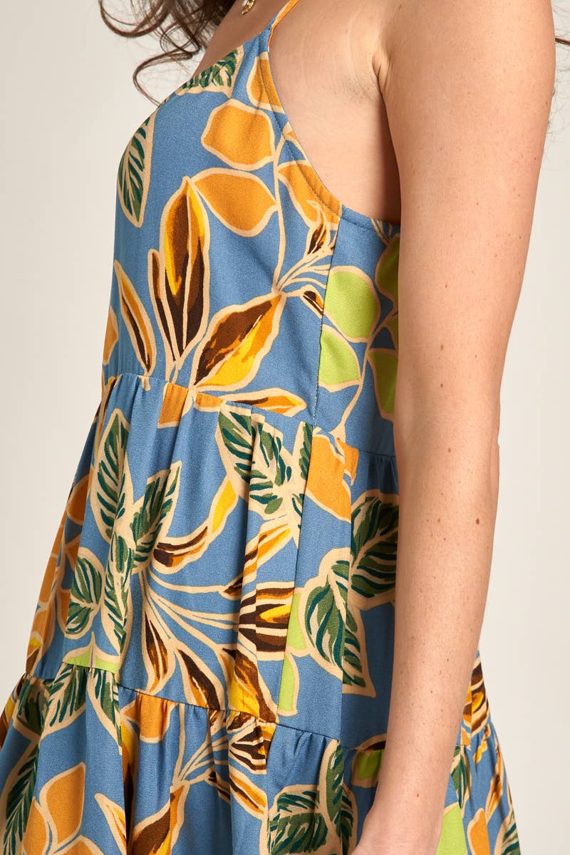 Spaghetti Strap Babydoll Mini Dress: Blue Tropical