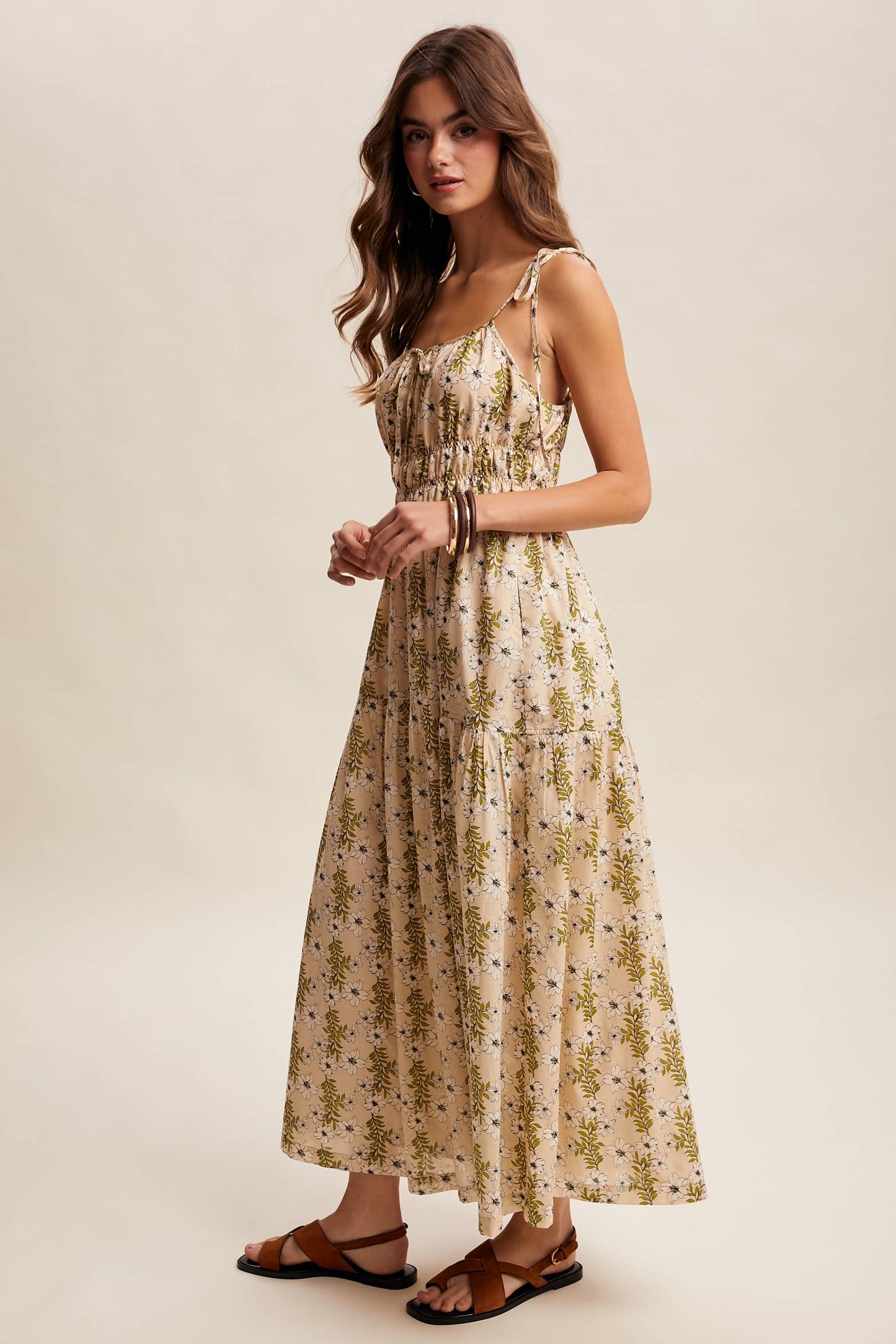 Floral Tie-Strap Smocked Maxi Dress