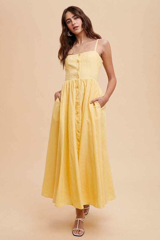 BUTTER YELLOW LINEN BLEND BUTTON DRESS