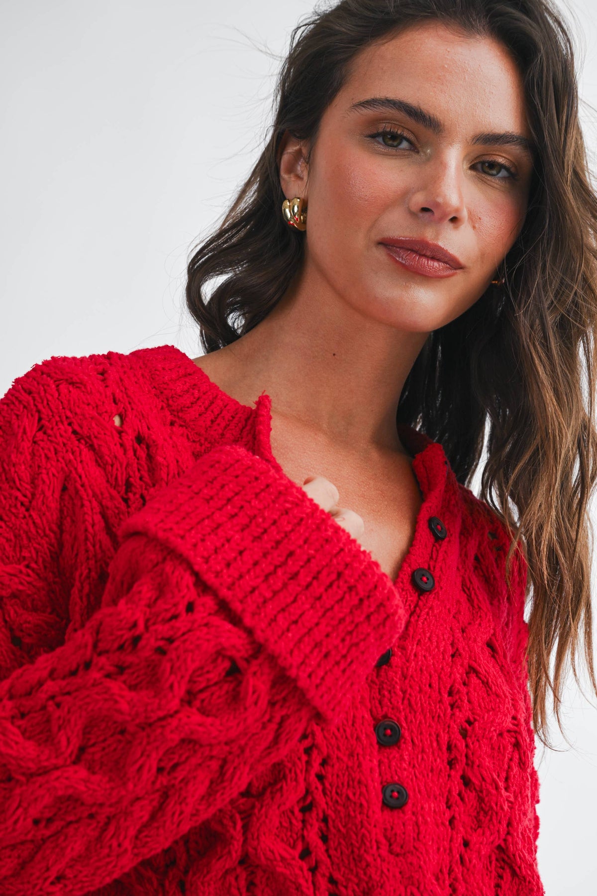 Textured Cropped Henley Knit Sweater