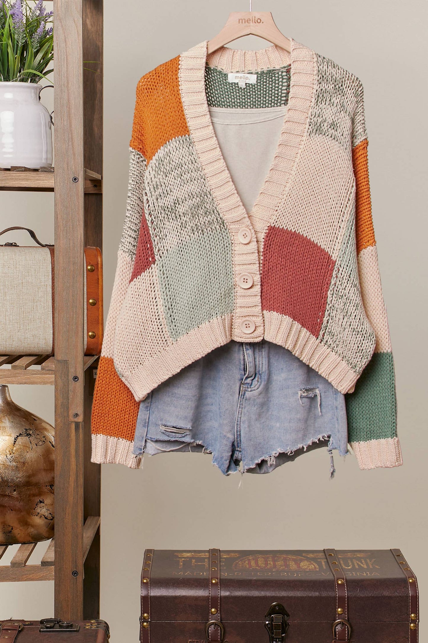 Color Block Crochet V Neck Cardigan