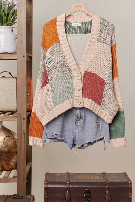 Color Block Crochet V Neck Cardigan