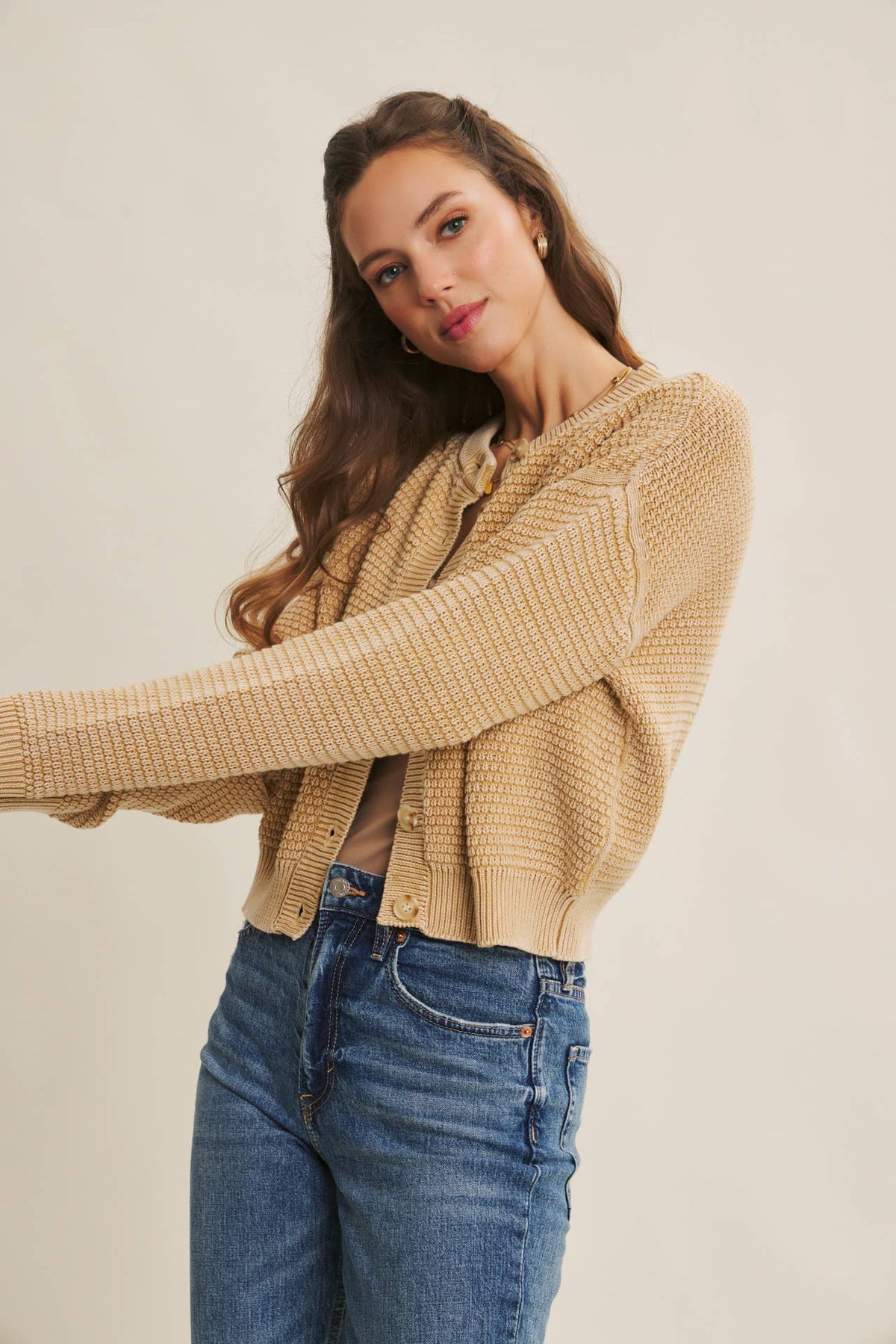 MINERAL-WASHED CABLE KNIT COTTON CARDIGAN