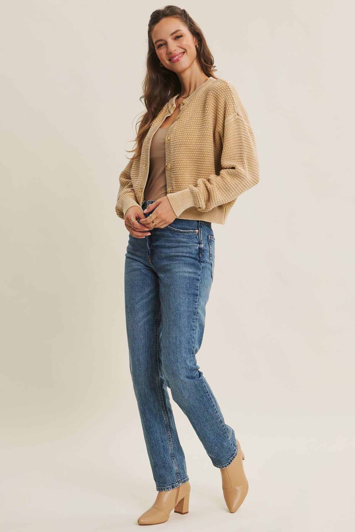 MINERAL-WASHED CABLE KNIT COTTON CARDIGAN