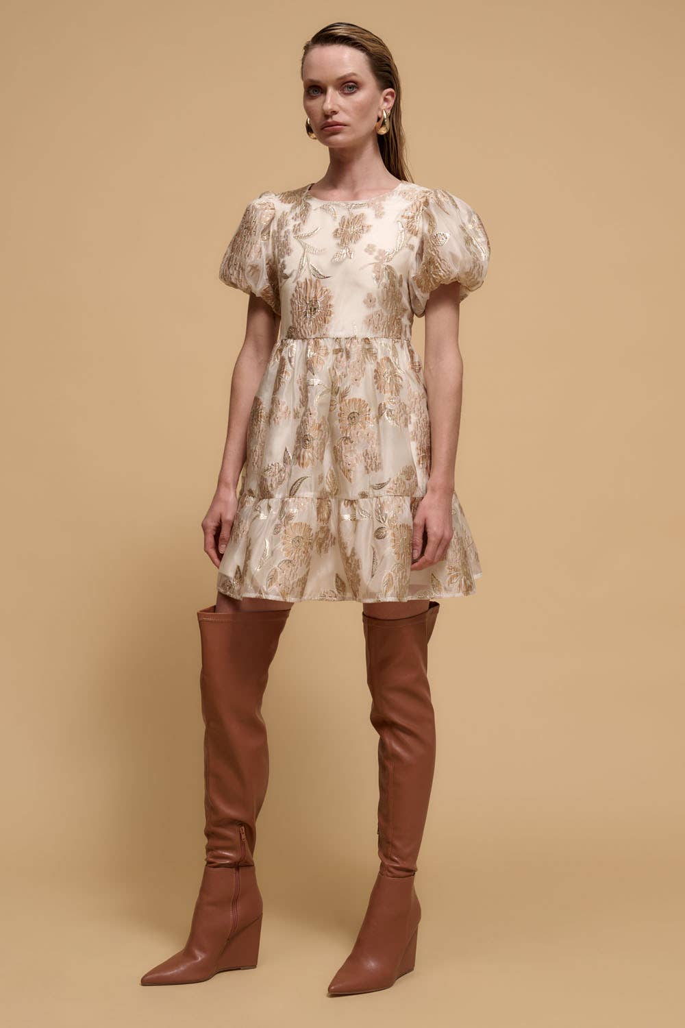 Metallic Floral Gold Chiffon Babydoll Mini Dress