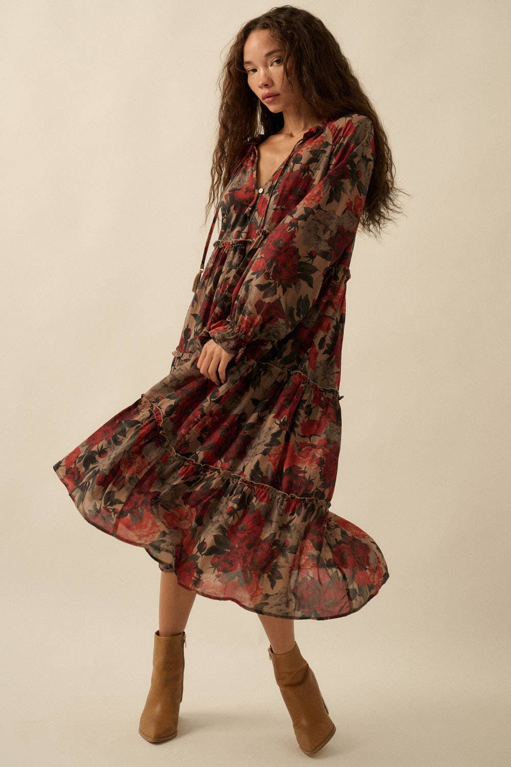 Floral-Print Tiered Ruffle Long-Sleeve Midi Dress FINAL SALE