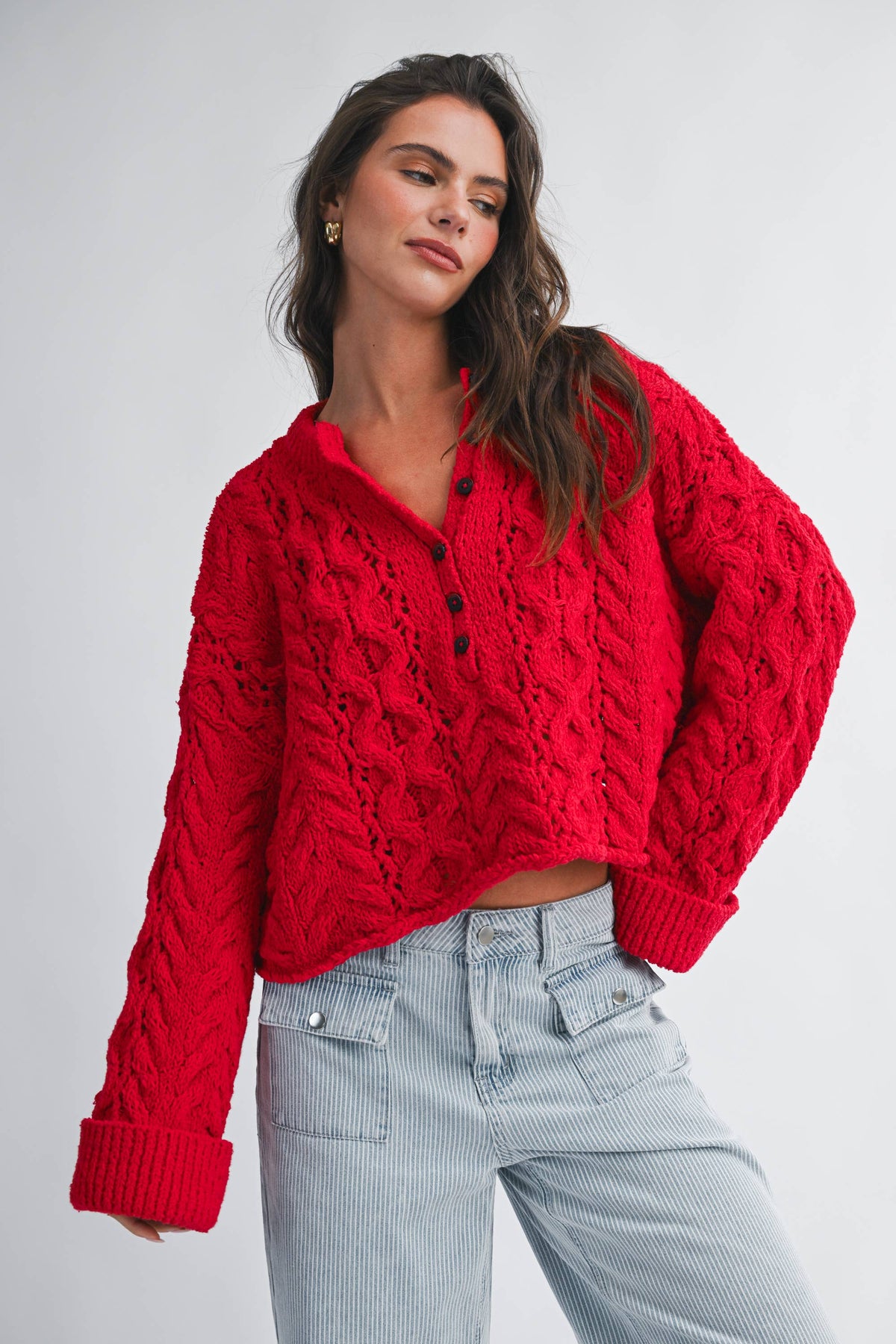 Textured Cropped Henley Knit Sweater