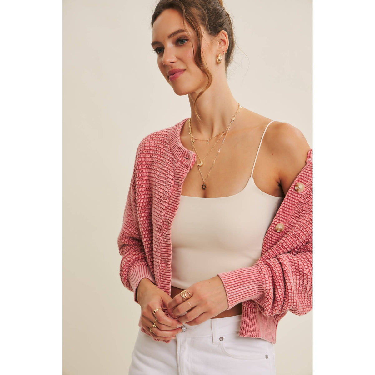 MINERAL-WASHED CABLE KNIT COTTON CARDIGAN