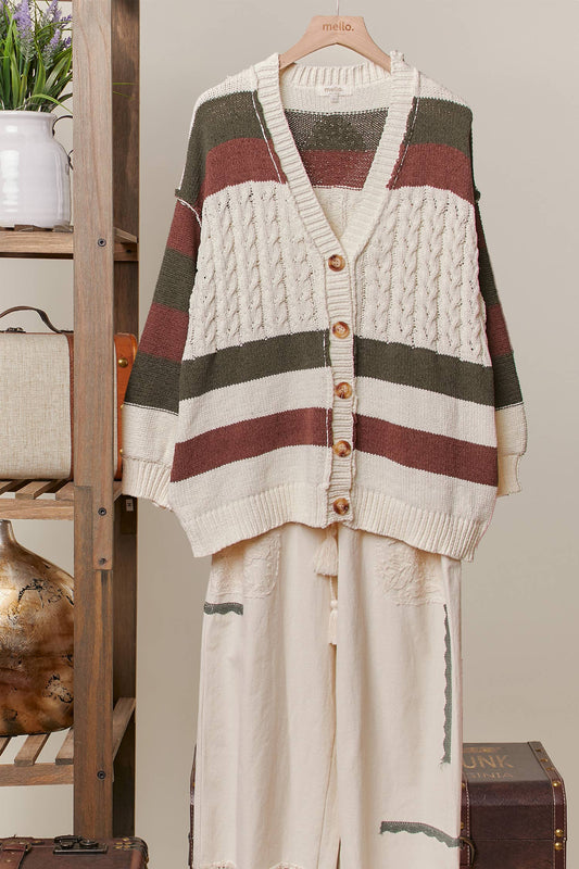 ColorBlock V Neck Knit Cardigan with Patch Detail