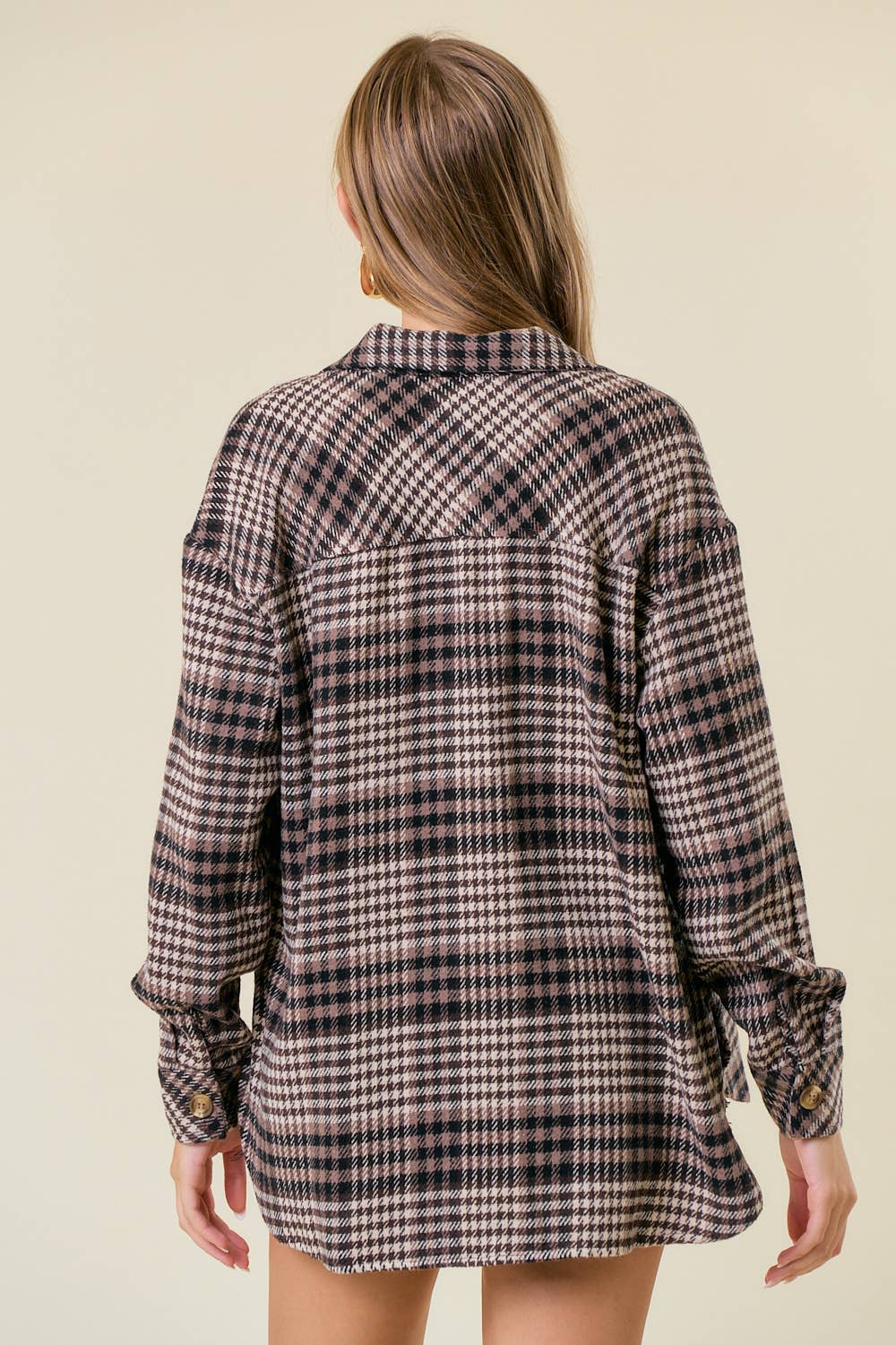 Plaid Front Button-Down Shacket W/ Patch Pocket