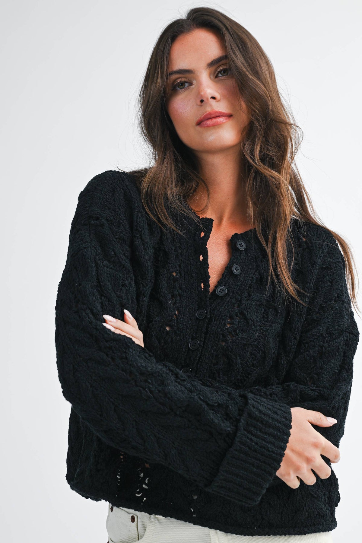 Textured Cropped Henley Knit Sweater