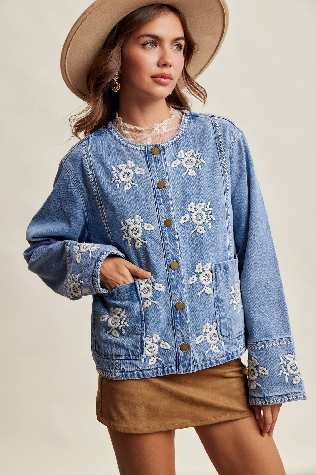 Embroidered Floral Lined Denim