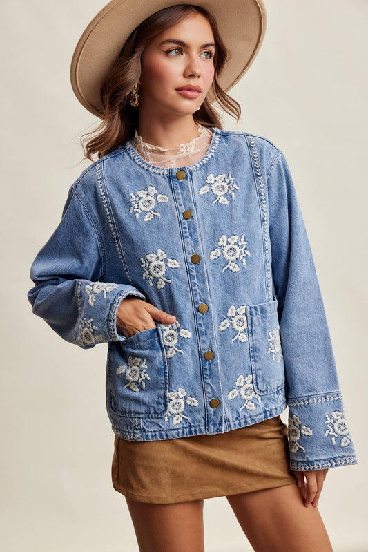 Embroidered Floral Lined Denim