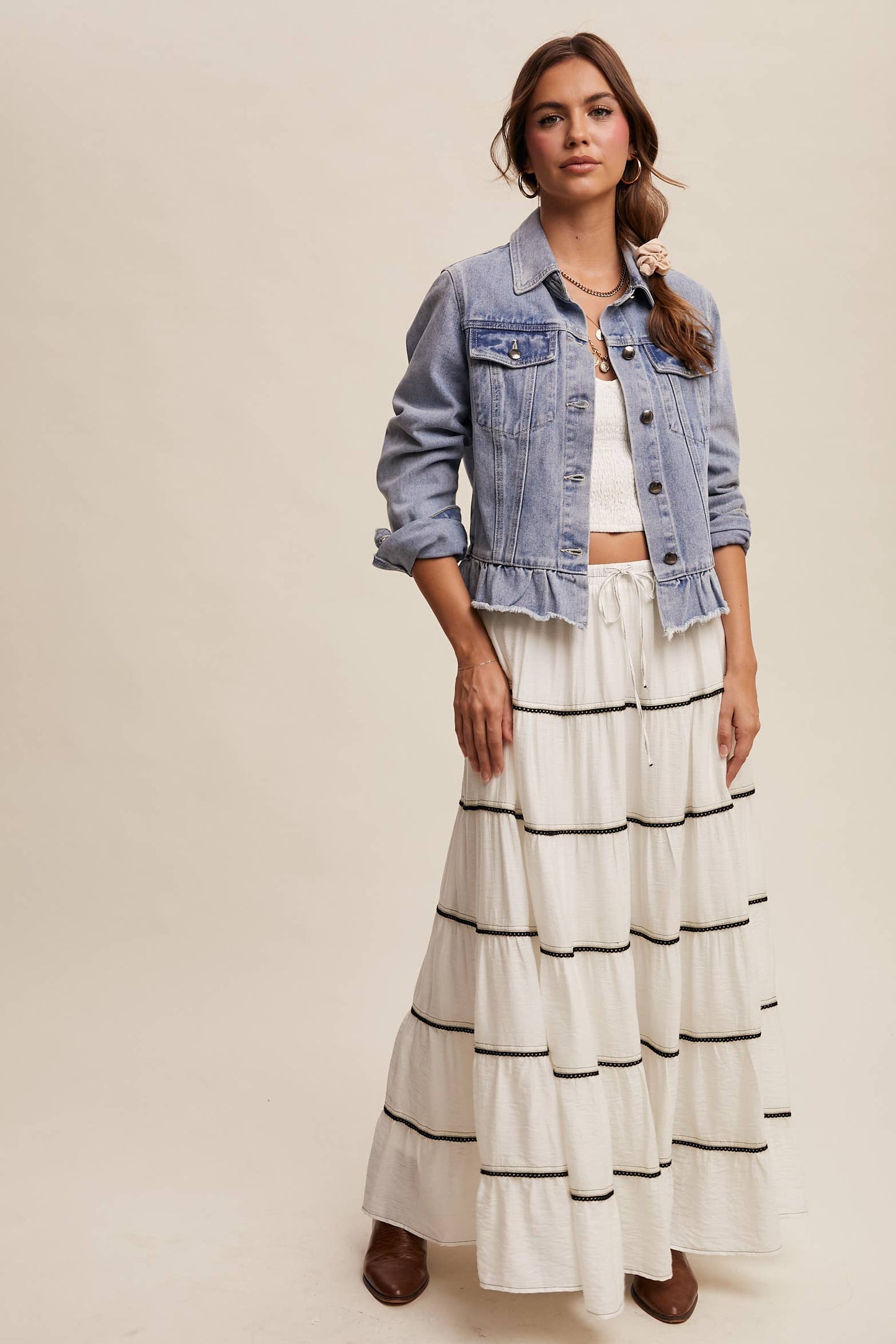 Ruffled Hem Denim Jacket