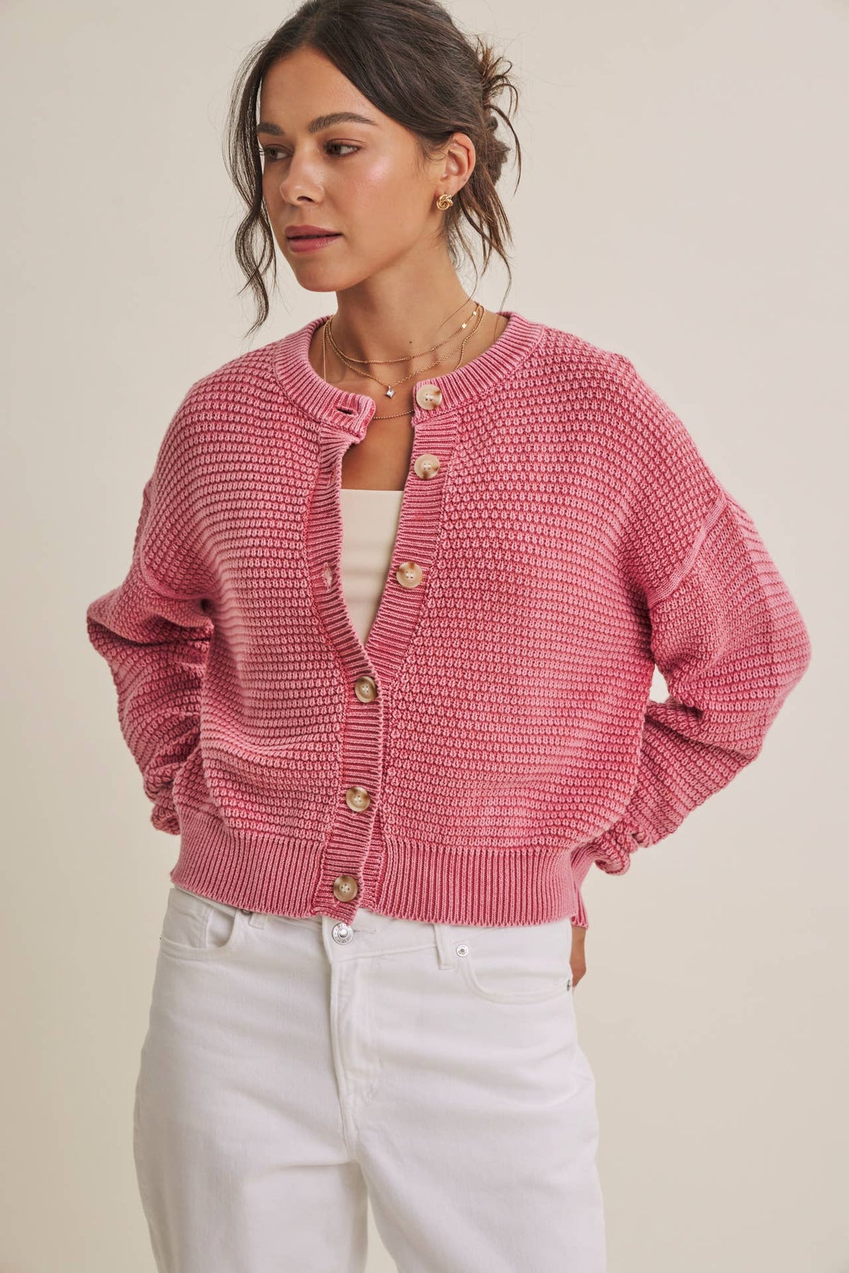 MINERAL-WASHED CABLE KNIT COTTON CARDIGAN