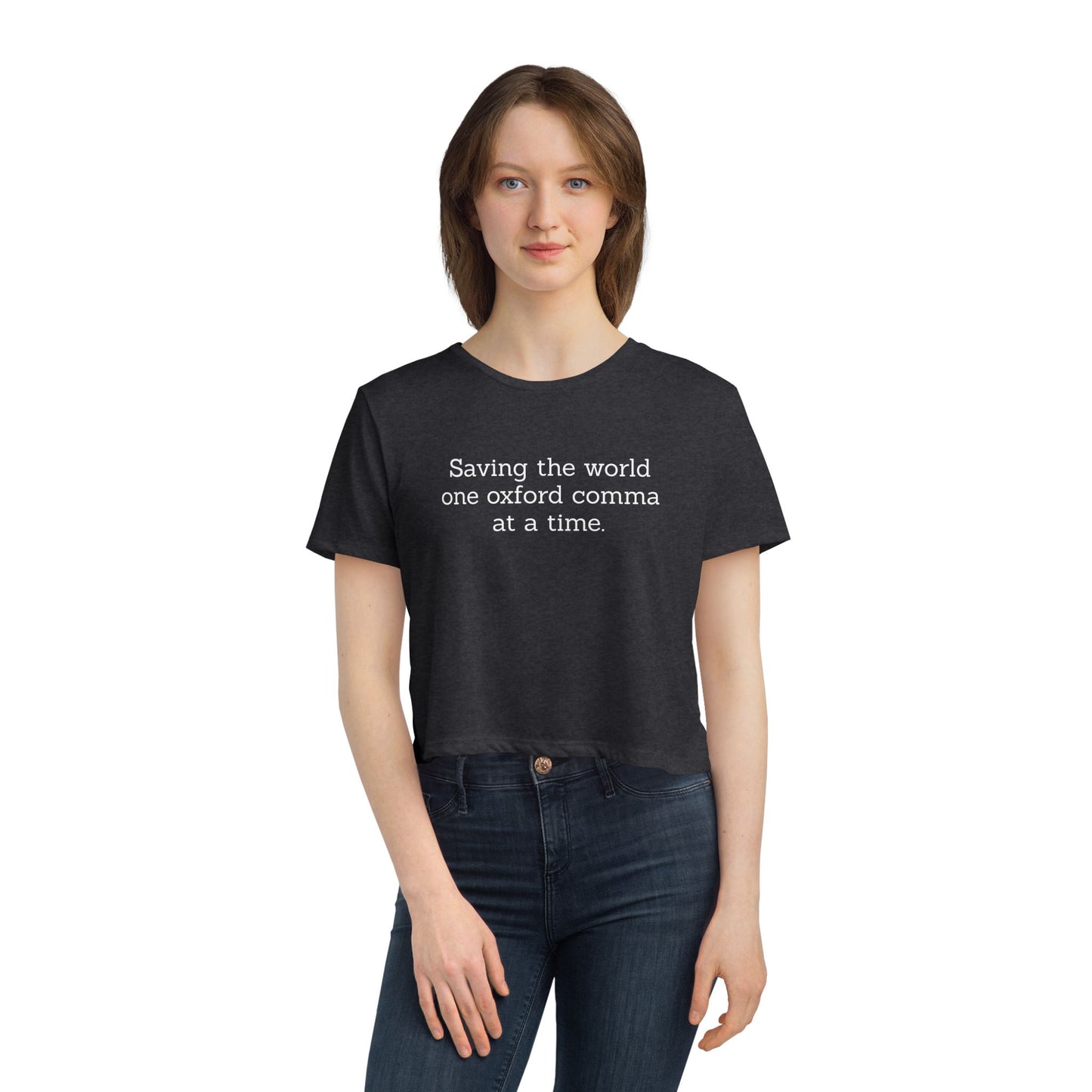 Oxford Comma Enthusiast Funny Quote Flowy Cropped Tee