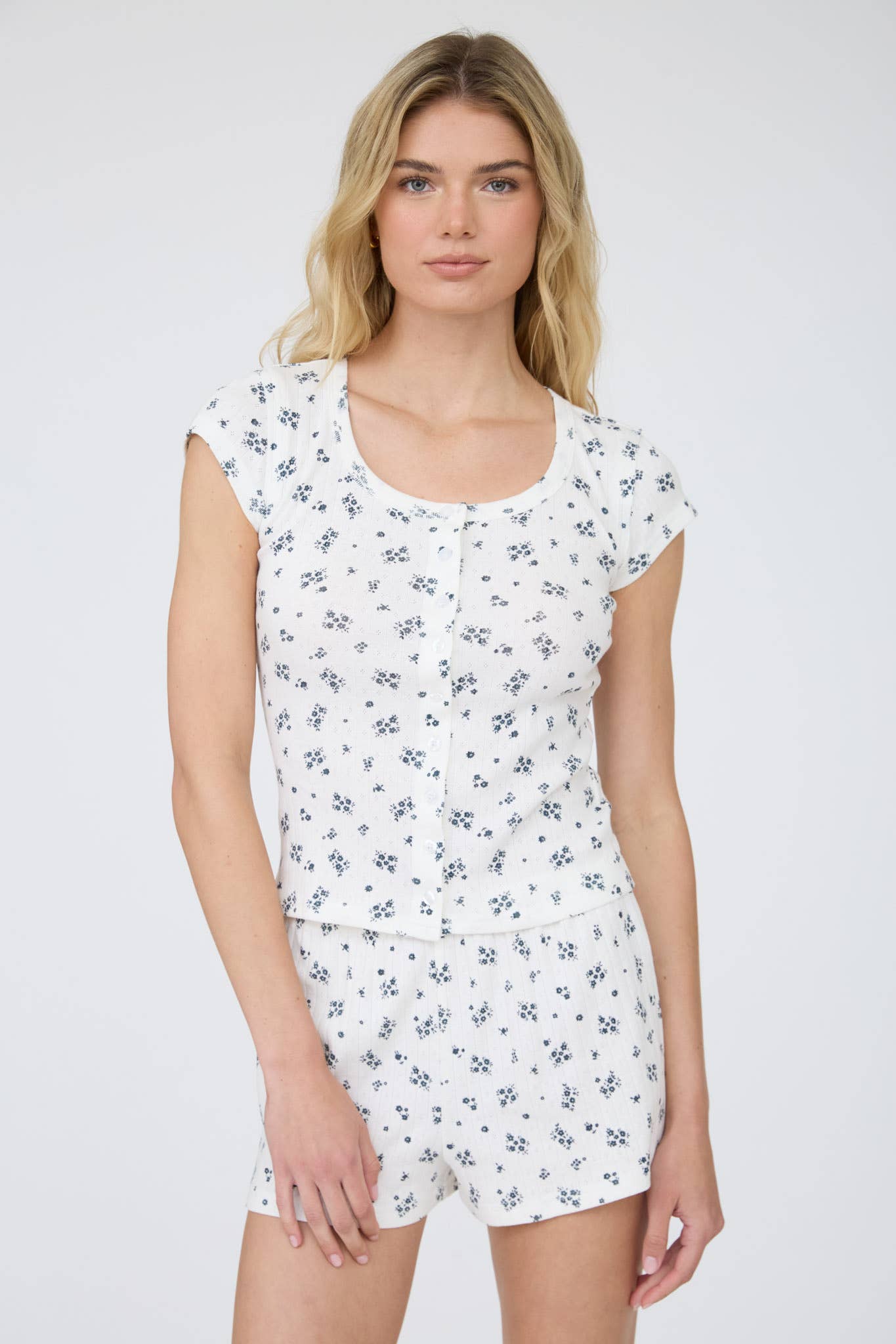 FLORAL POINTELLE SHORT SLEEVE BUTTON DOWN KNIT TOP
