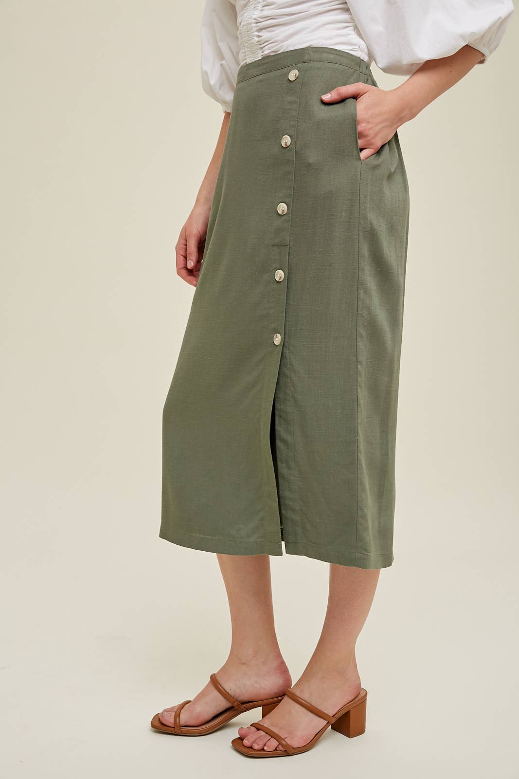 LINEN LOOK MIDI SKIRT WITH SIDE BUTTON DETAIL