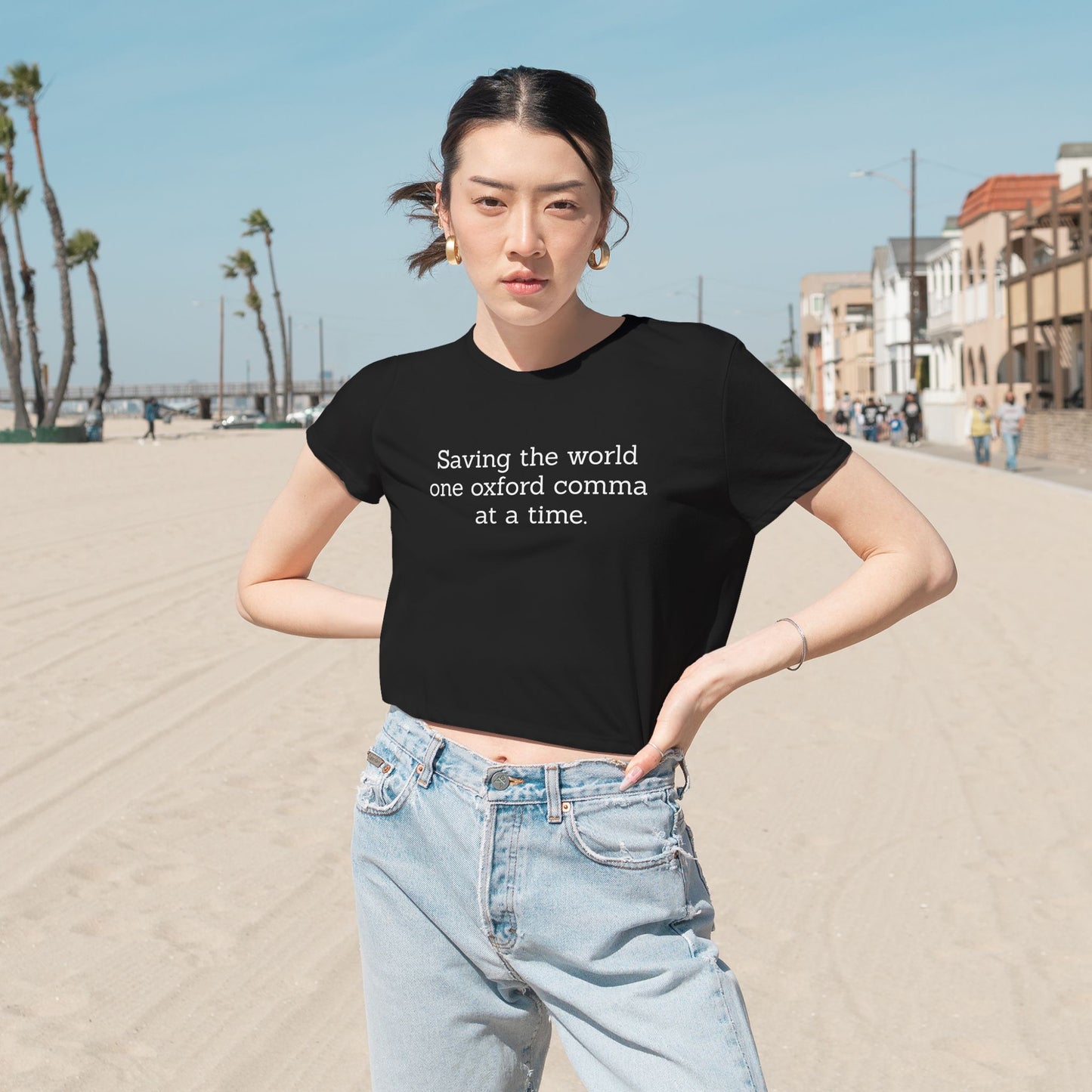 Oxford Comma Enthusiast Funny Quote Flowy Cropped Tee