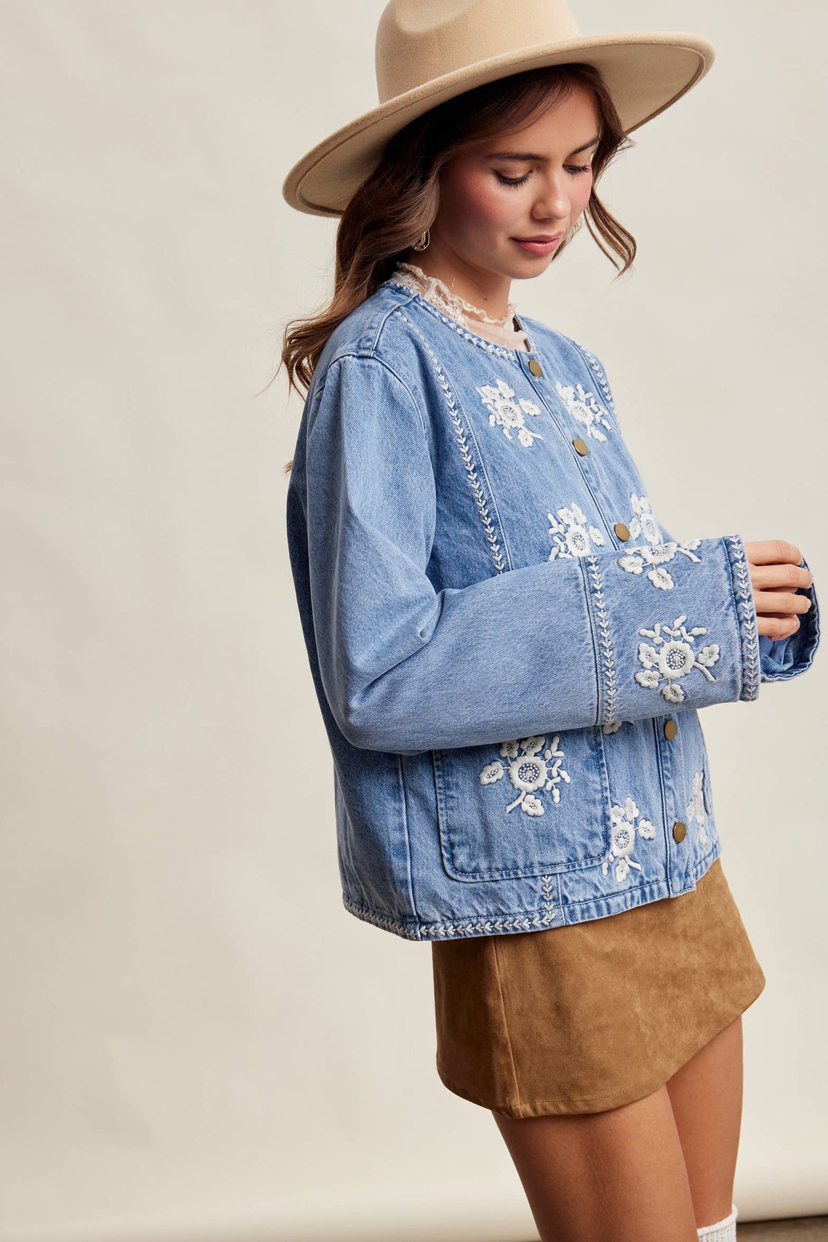 Embroidered Floral Lined Denim