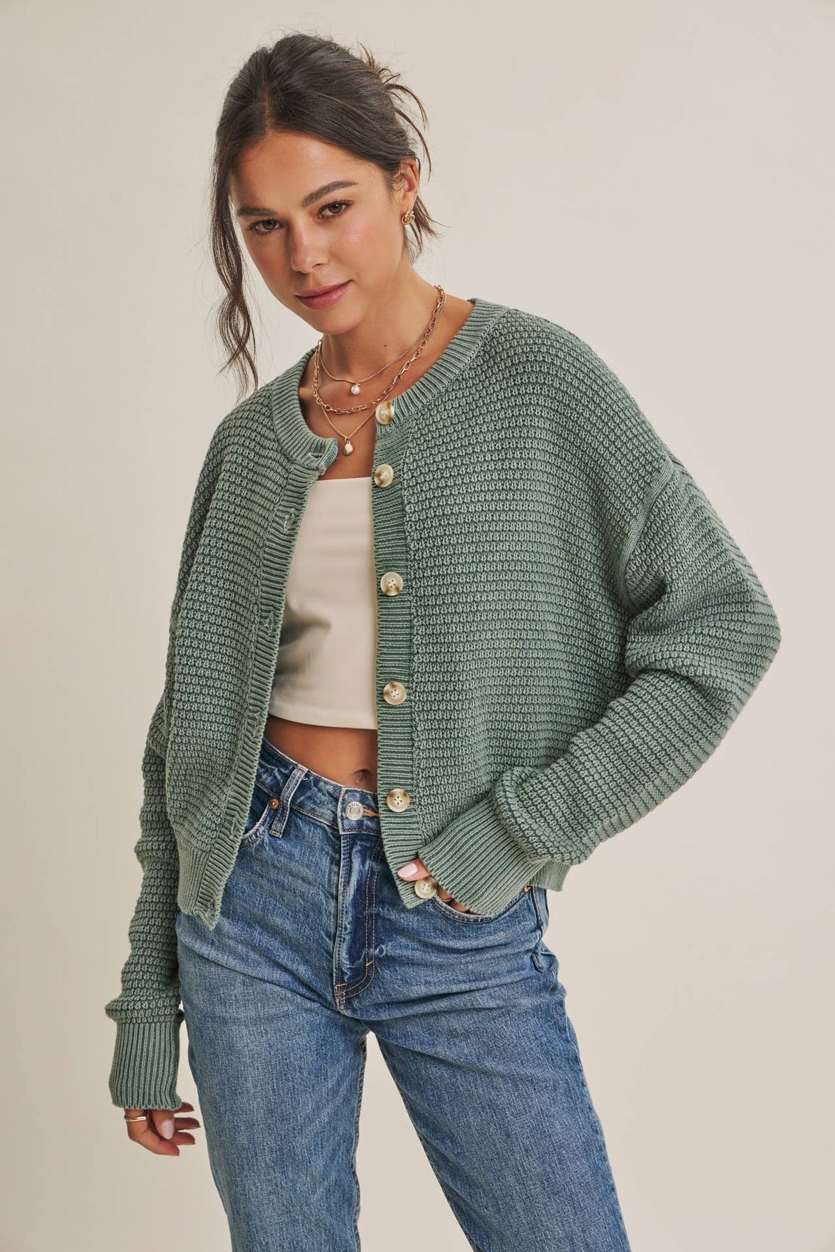 MINERAL-WASHED CABLE KNIT COTTON CARDIGAN