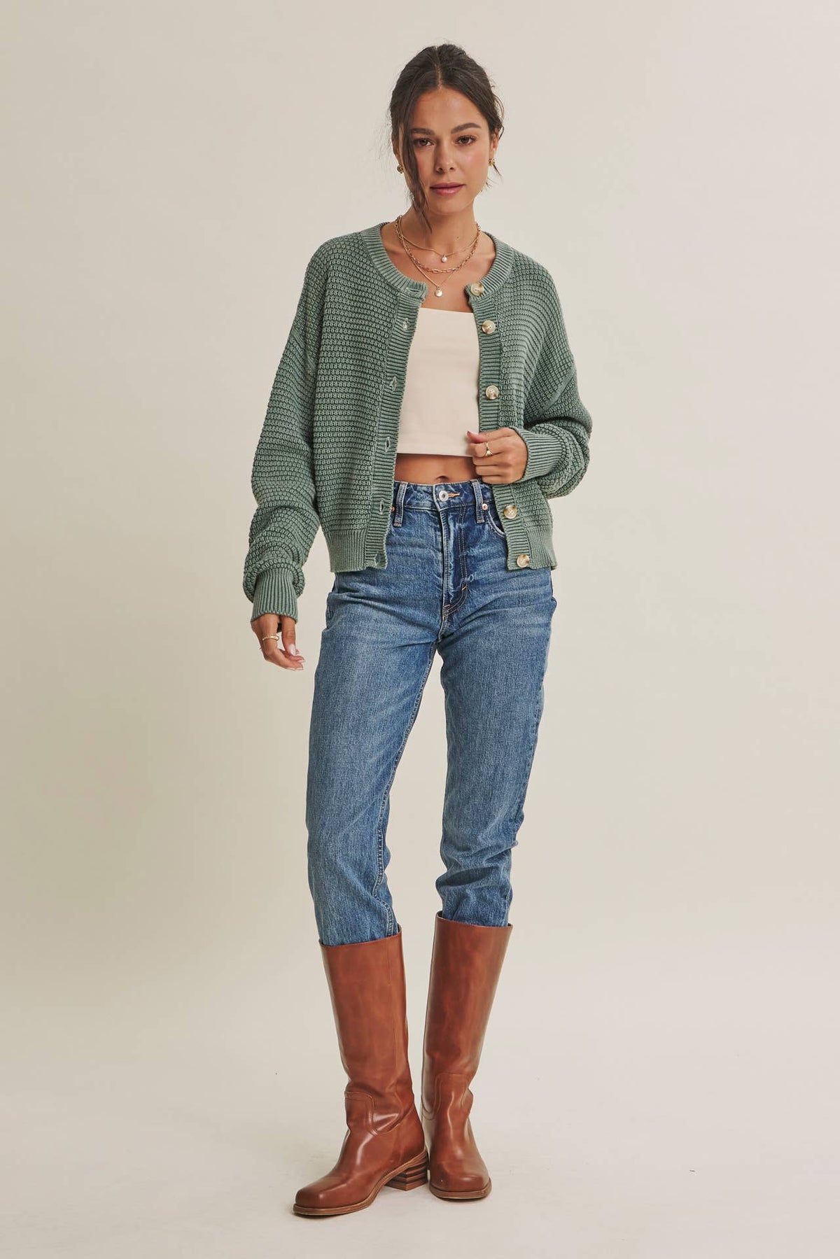 MINERAL-WASHED CABLE KNIT COTTON CARDIGAN