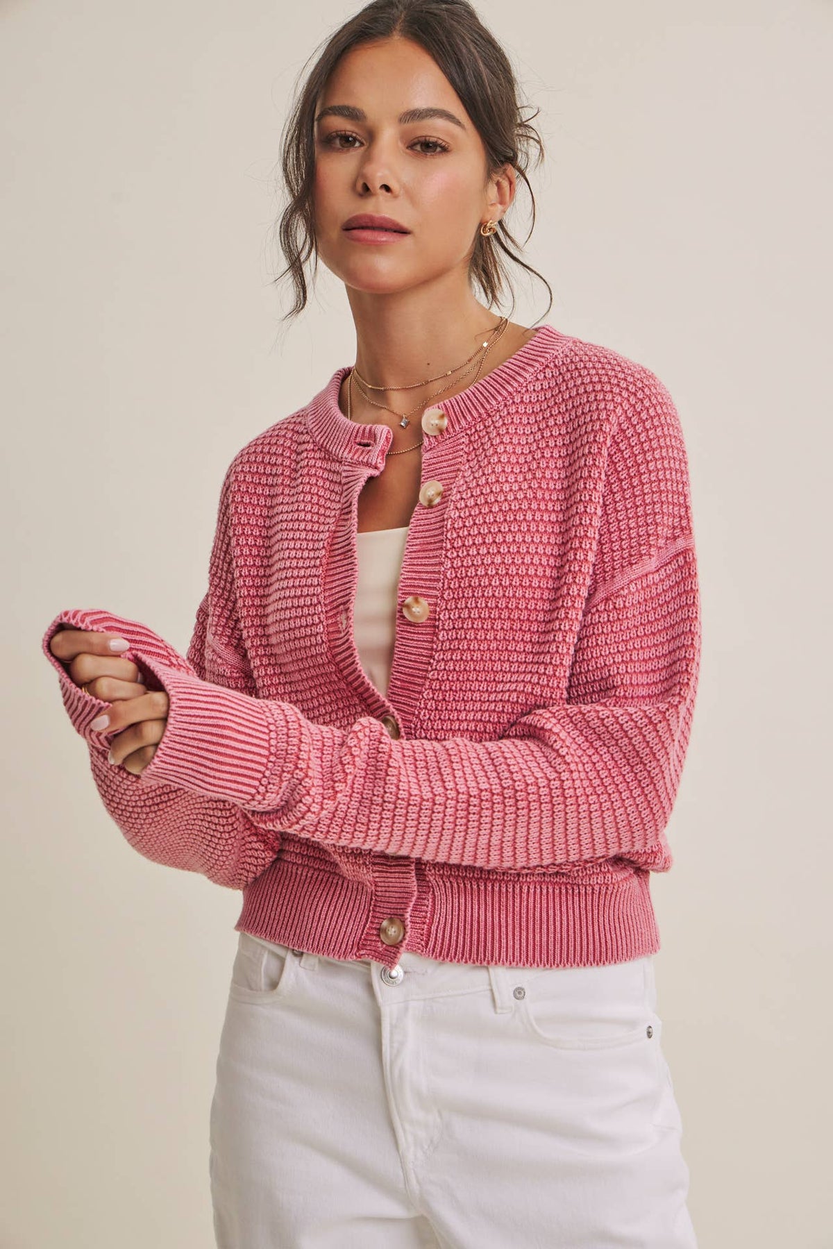 MINERAL-WASHED CABLE KNIT COTTON CARDIGAN